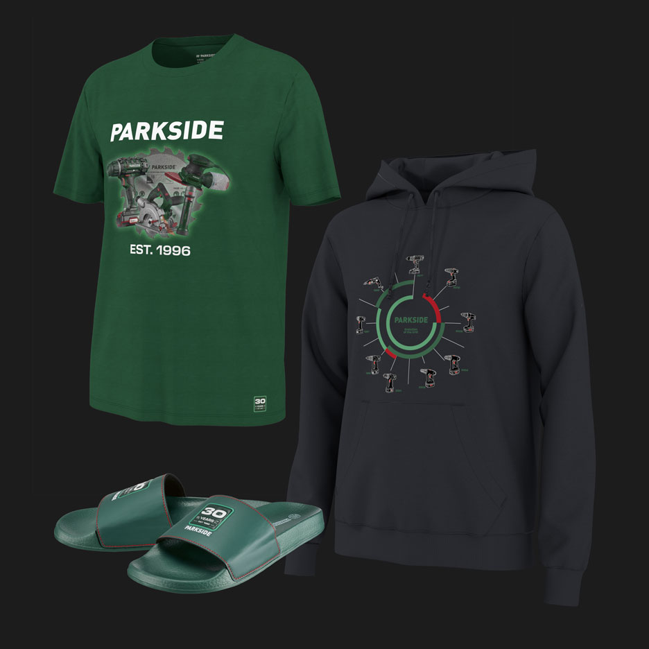 Green T-shirt, dark blue hoodie, and green slides with a tool theme.