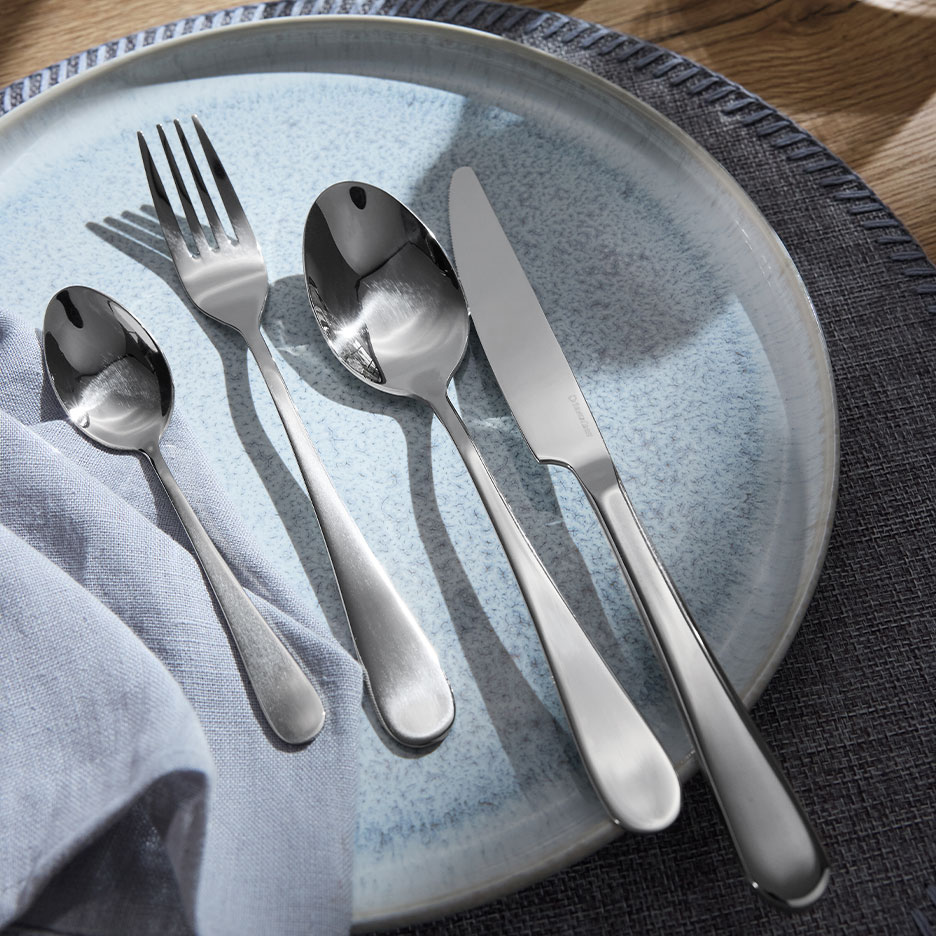 Stainless steel cutlery set on a blue plate with a napkin.