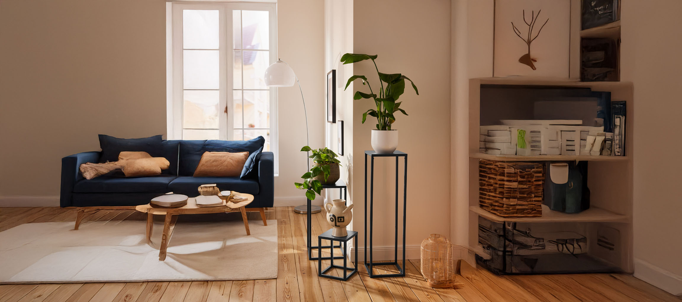 Sofa, plant stands, and home decor in a modern living room.