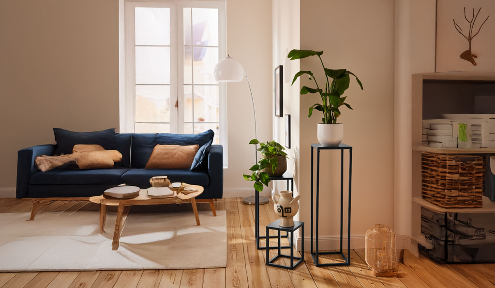 Sofa, coffee table, and plant stands in a modern living room.