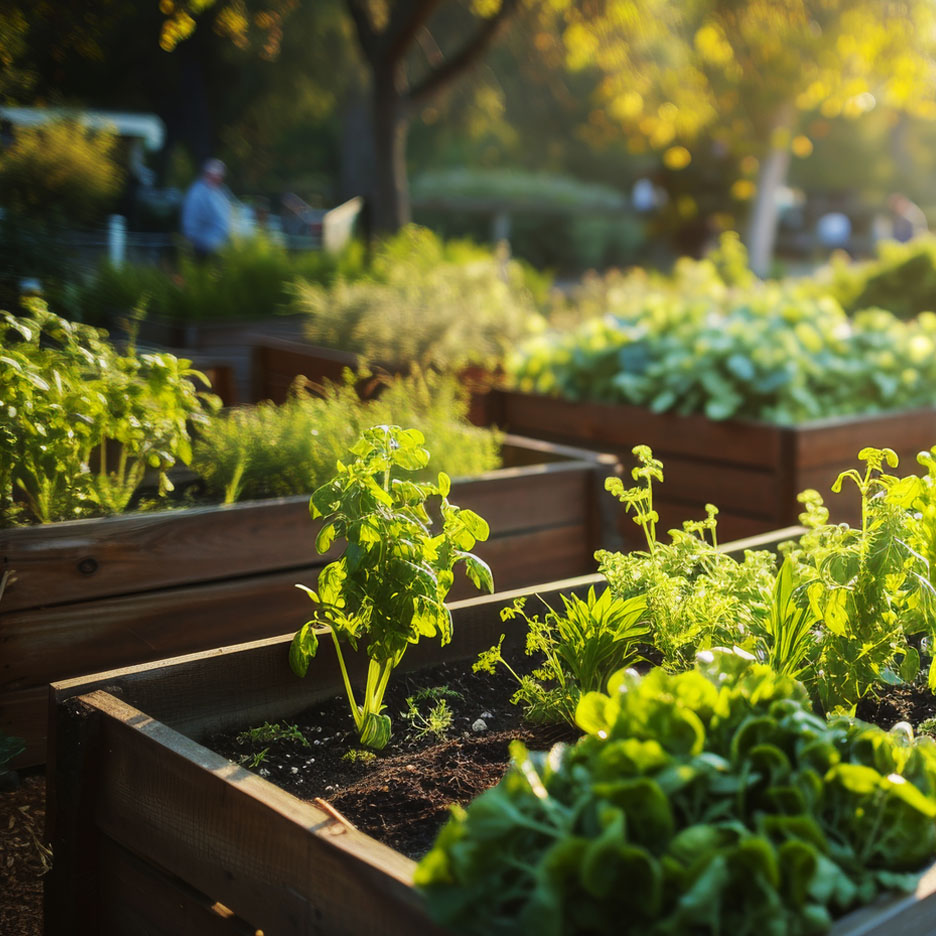 Herbs and vegetables growing in wooden planters.