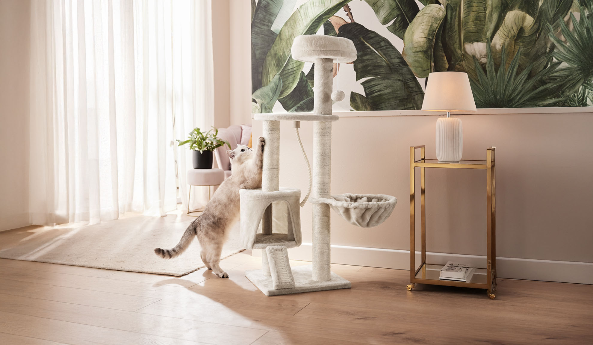Beige cat tree with cat